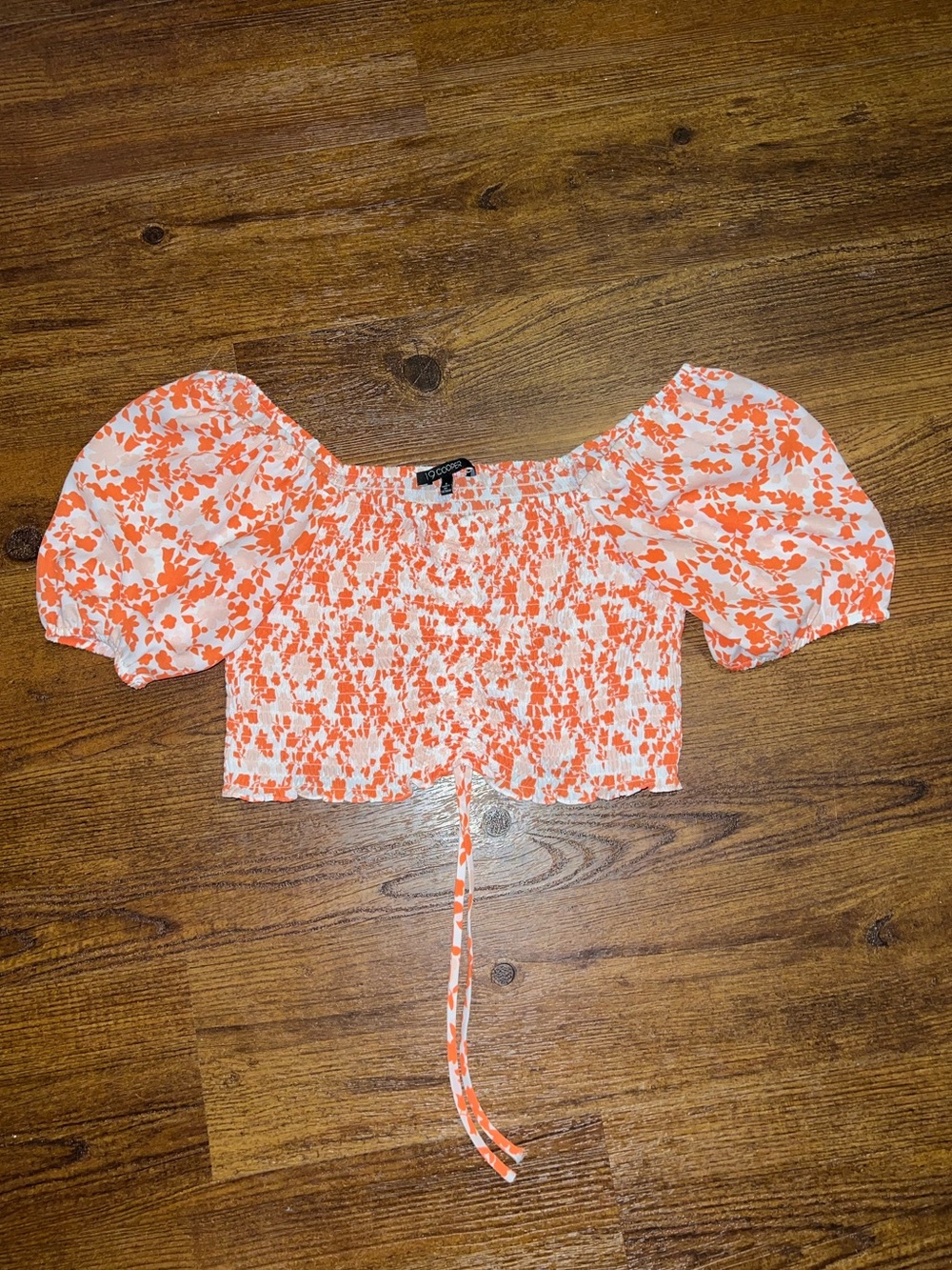 19 Cooper Floral Smocked Crop Top Puff Sleeve Tie Front Orange White Size XS - Picture 2 of 10